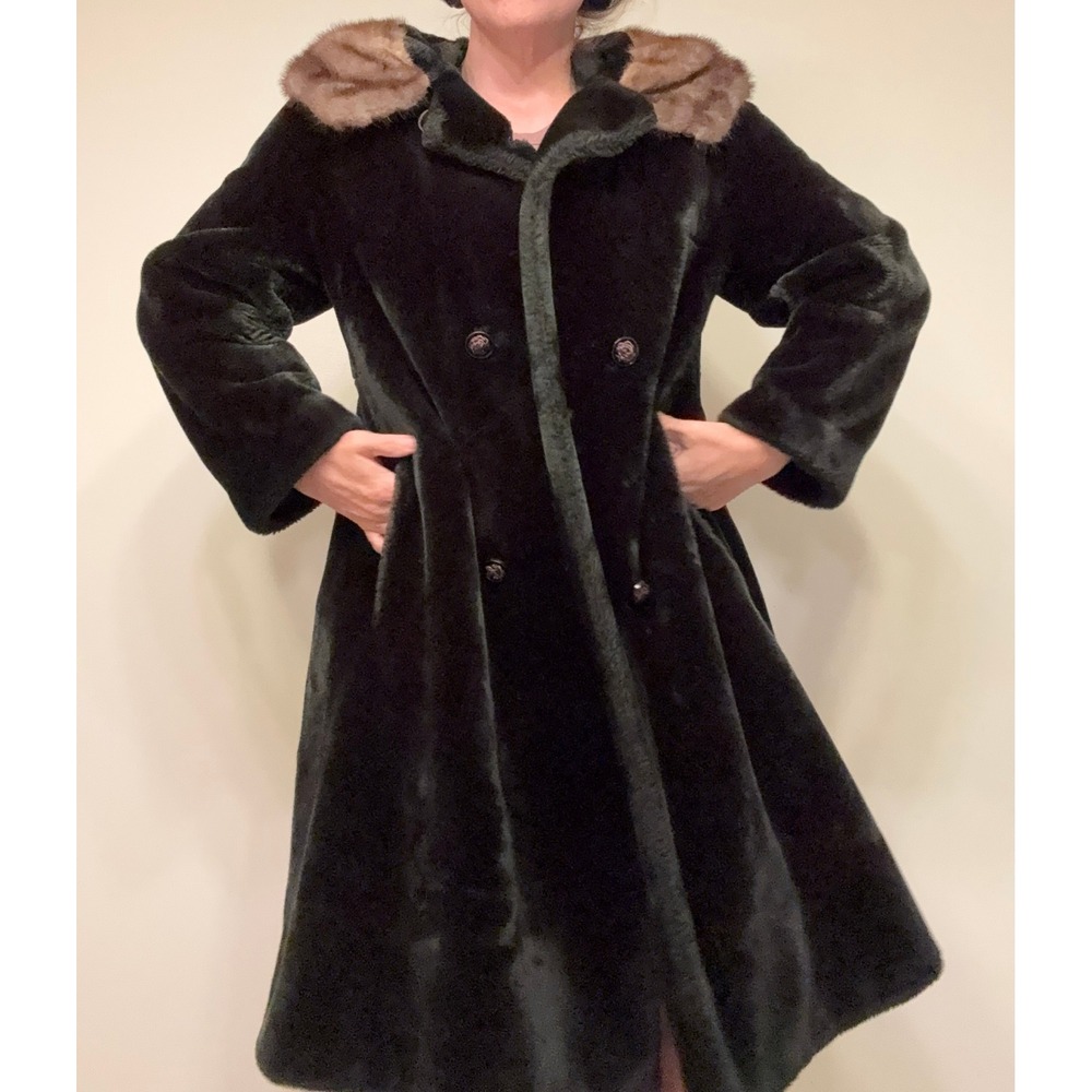 Vintage 1960s Borgazia Sportowne Faux Fur Coat Black & Brown S/M A-Line Coquette